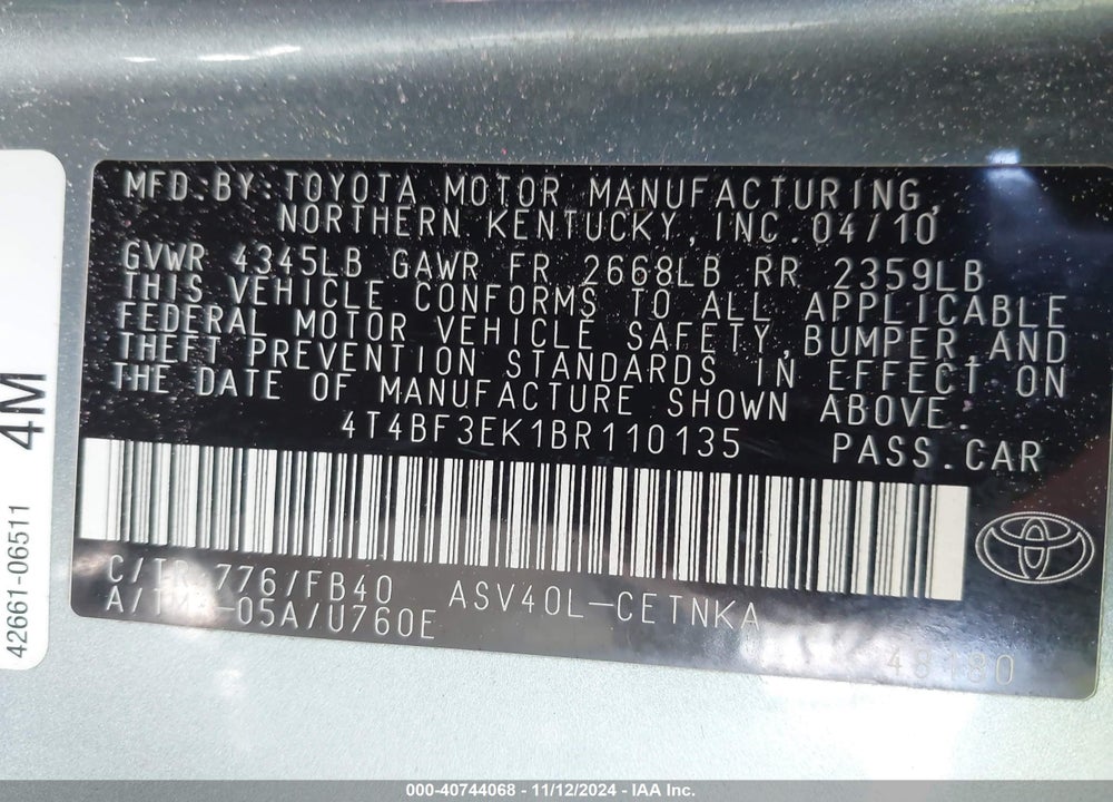 2011 TOYOTA CAMRY LE VIN: 4T4BF3EK1BR110135