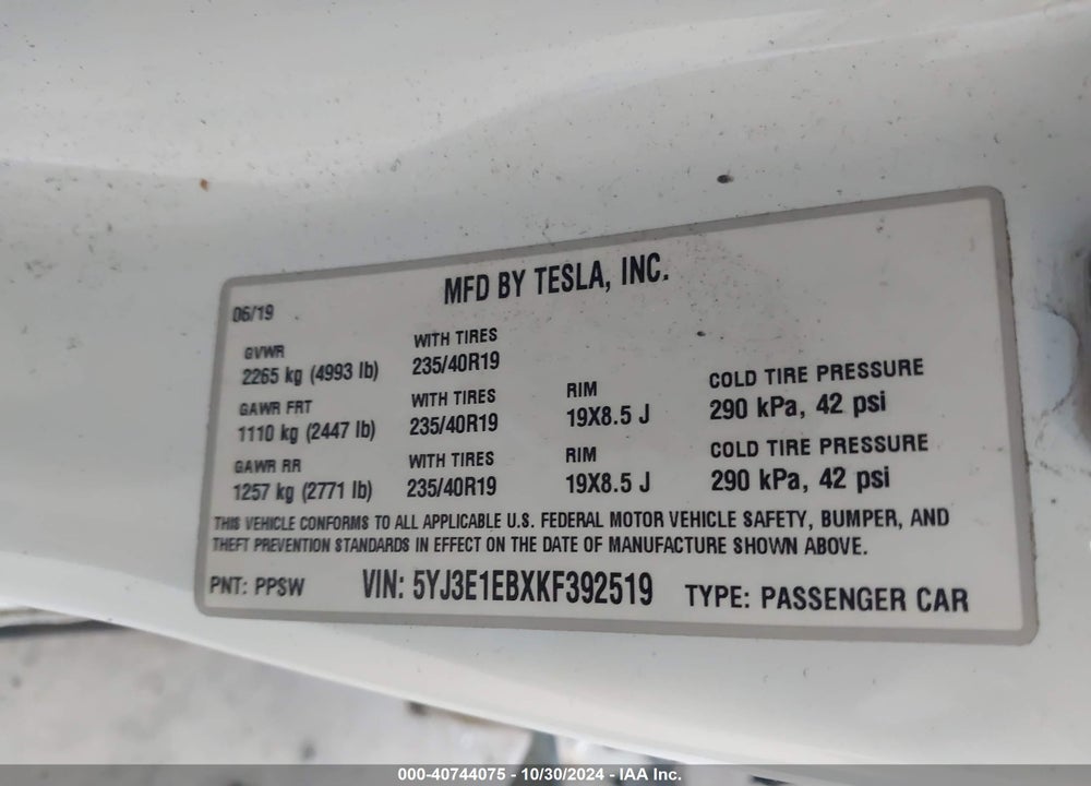 2019 TESLA MODEL 3 LONG RANGE/PERFORMANCE VIN: 5YJ3E1EBXKF392519