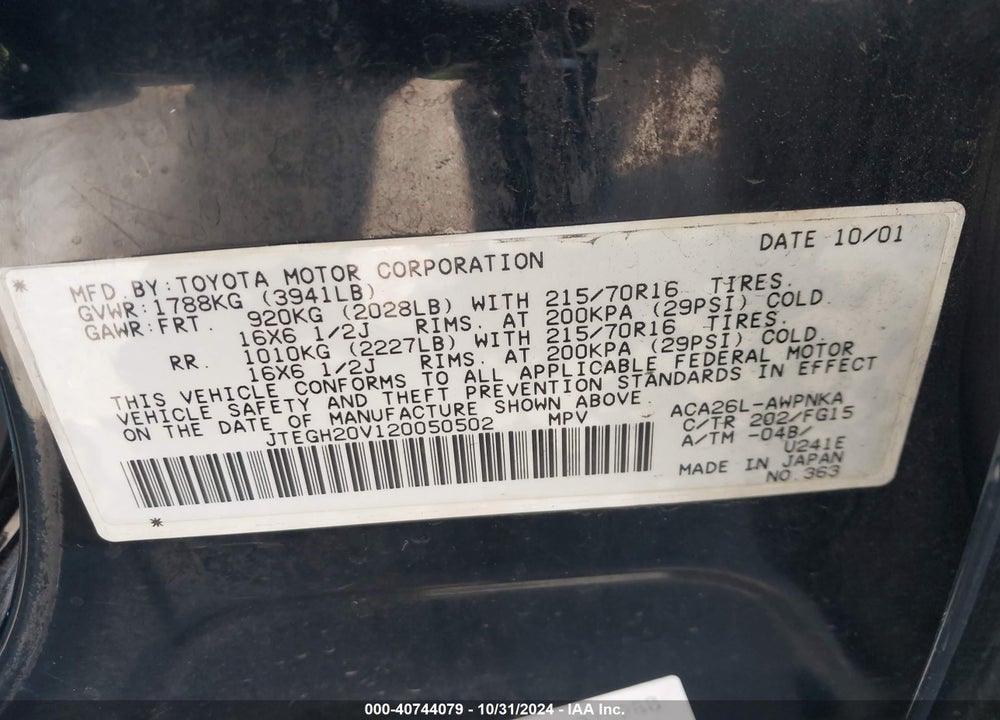 2002 TOYOTA RAV4 VIN: JTEGH20V120050502