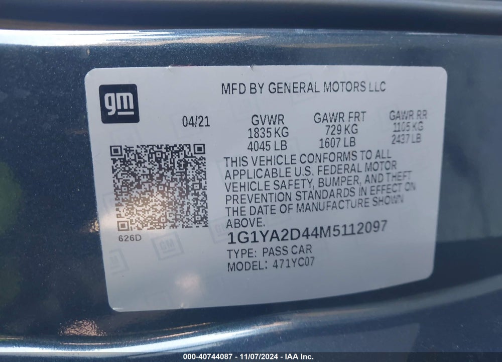 2021 CHEVROLET CORVETTE STINGRAY RWD 1LT VIN: 1G1YA2D44M5112097
