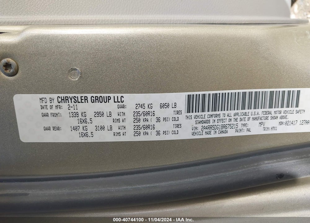 2011 CHRYSLER TOWN & COUNTRY TOURING VIN: 2A4RR5DG1BR675215