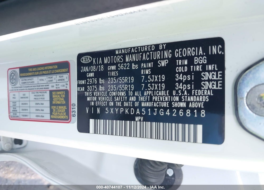 2018 KIA SORENTO 3.3L SX VIN: 5XYPKDA51JG426818