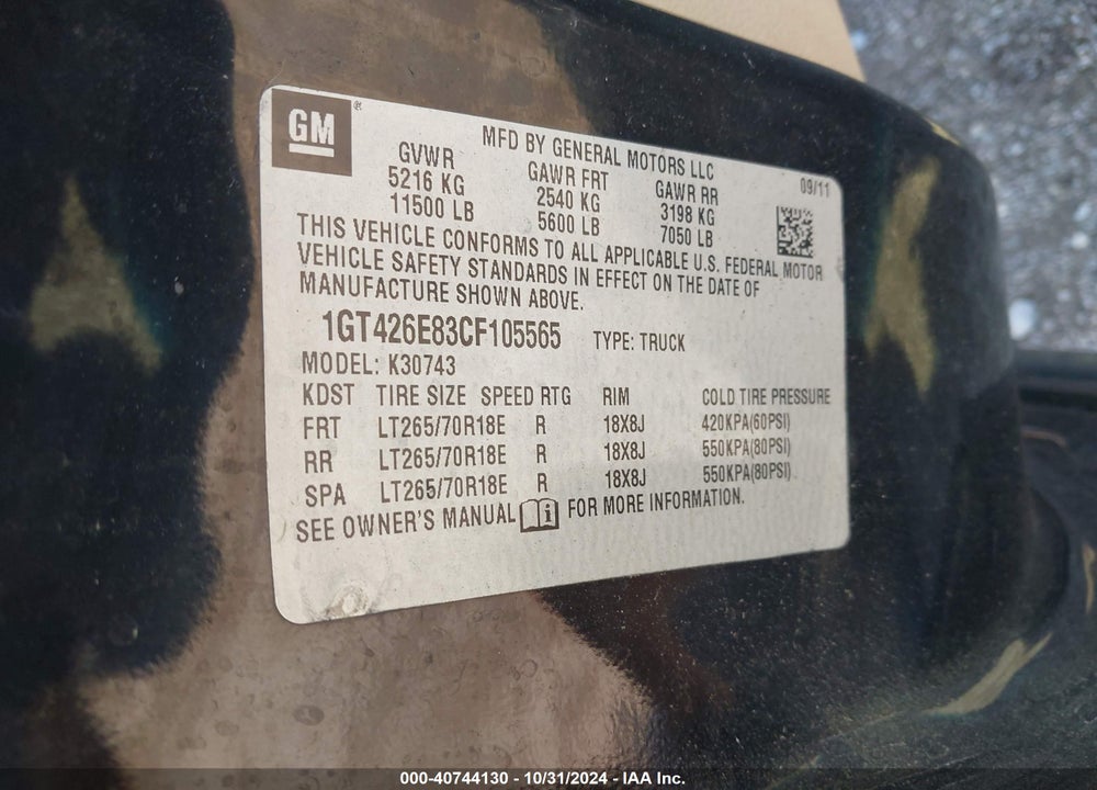 2012 GMC SIERRA 3500HD DENALI VIN: 1GT426E83CF105565