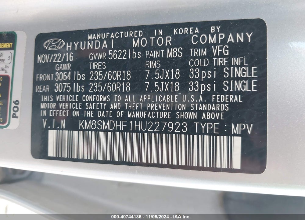 2017 HYUNDAI SANTA FE SE VIN: KM8SMDHF1HU227923