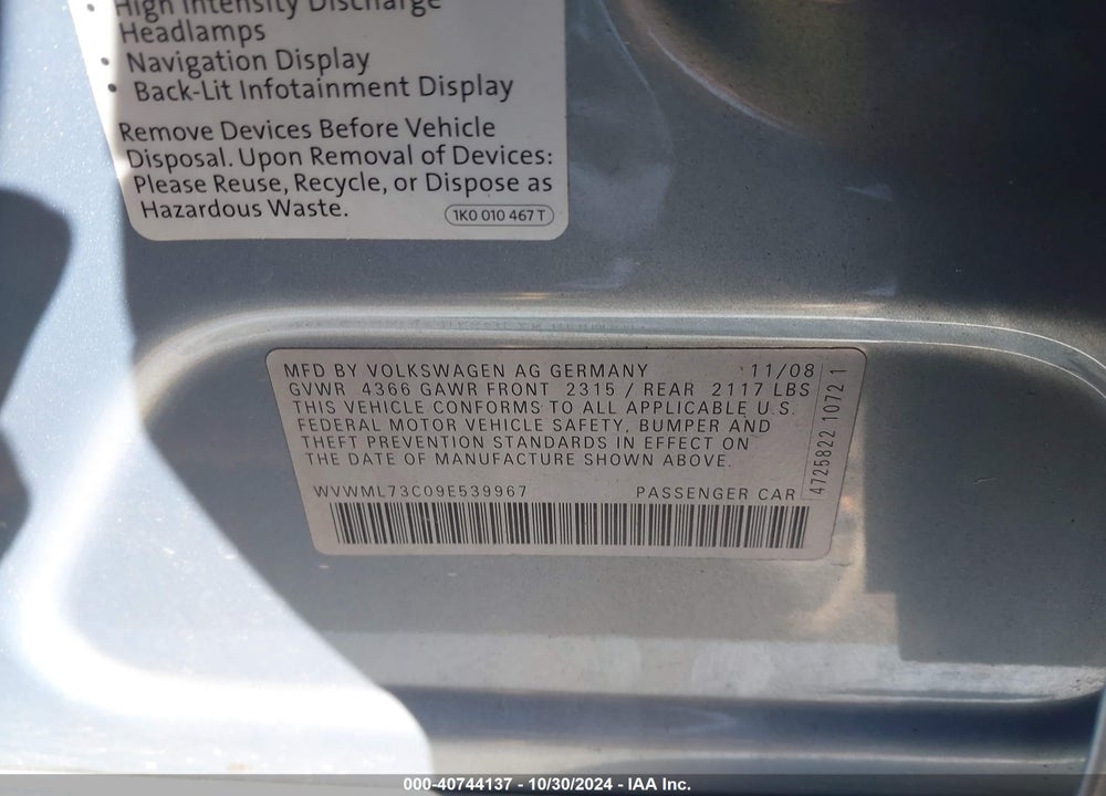 2009 VOLKSWAGEN CC SPORT VIN: WVWML73C09E539967