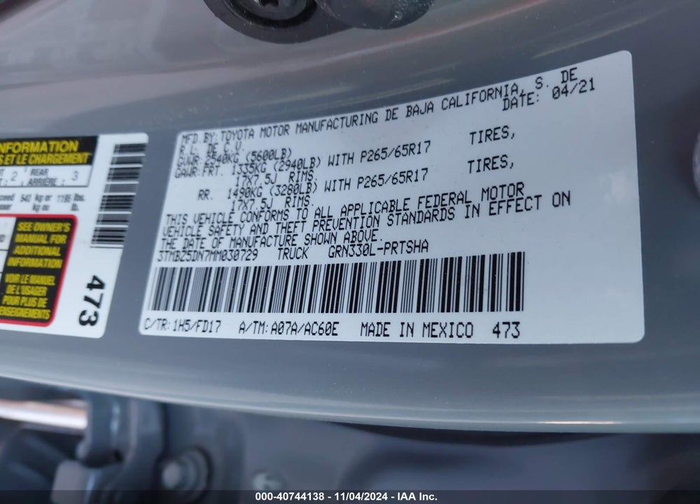 2021 TOYOTA TACOMA VIN: 3TMBZ5DN7MM030729