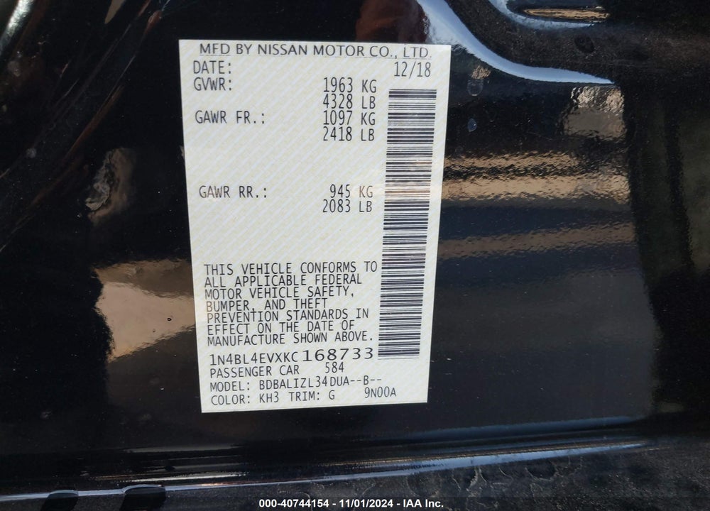 2019 NISSAN ALTIMA 2.5 SL VIN: 1N4BL4EVXKC168733