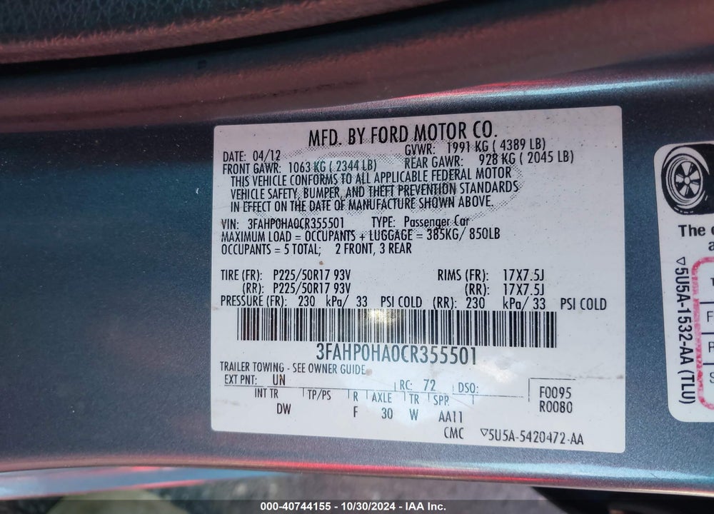 2012 FORD FUSION SE VIN: 3FAHP0HA0CR355501