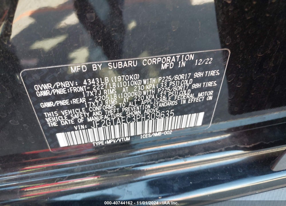 2023 SUBARU CROSSTREK PREMIUM VIN: JF2GTAEC3PH309635
