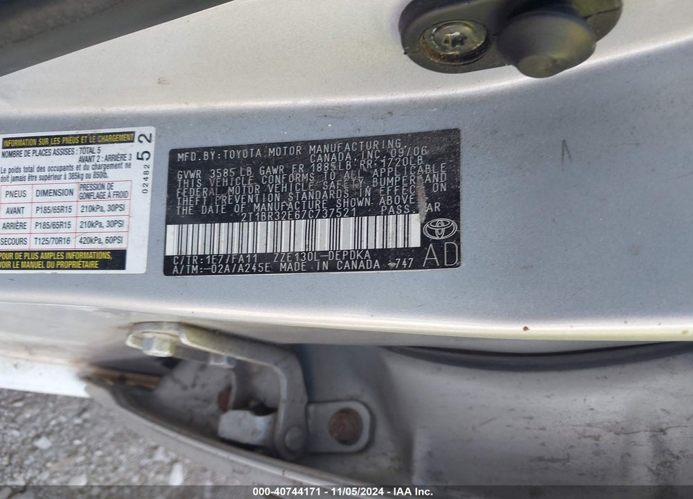 2007 TOYOTA COROLLA CE VIN: 2T1BR32E67C737521