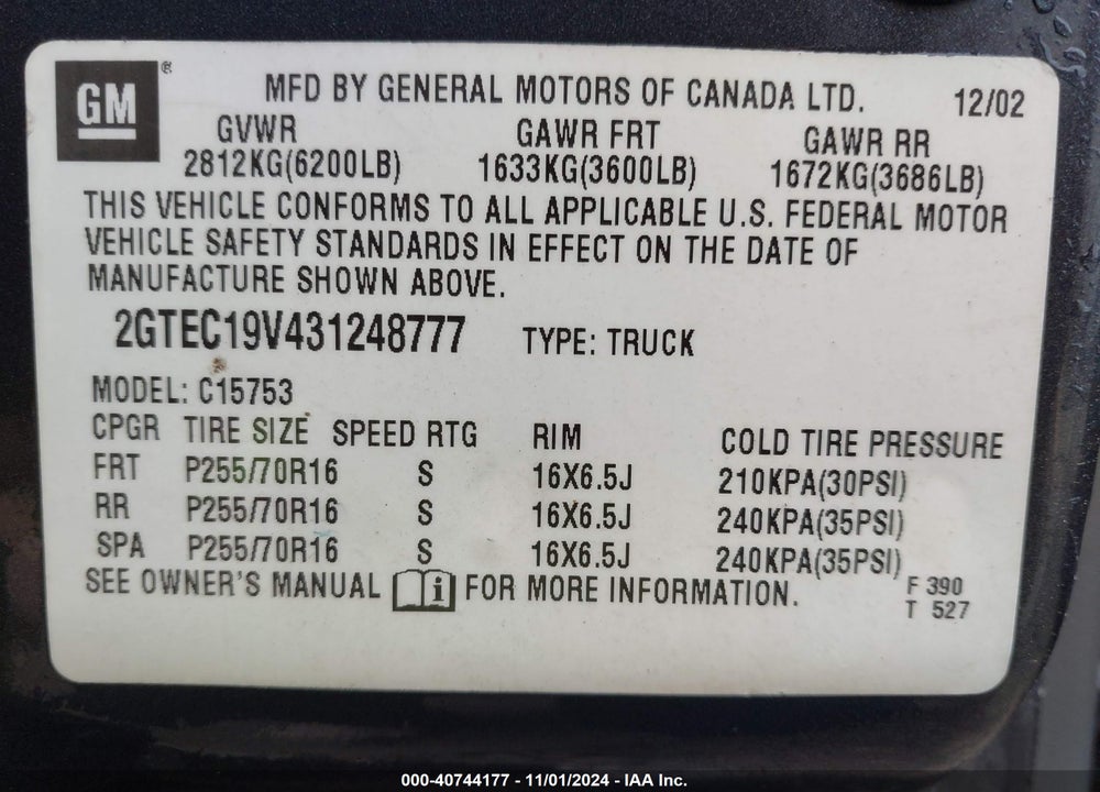 2003 GMC SIERRA 1500 SLE VIN: 2GTEC19V431248777