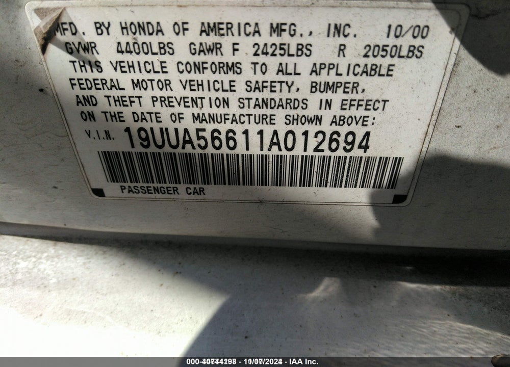 2001 ACURA TL 3.2 (A5) VIN: 19UUA56611A012694