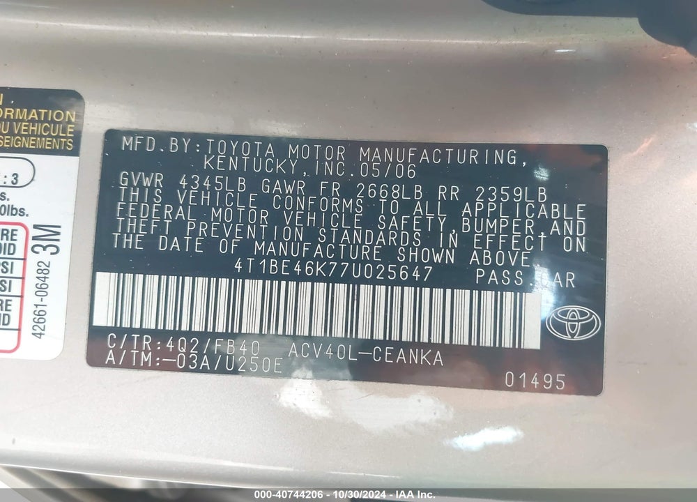 2007 TOYOTA CAMRY CE VIN: 4T1BE46K77U025647