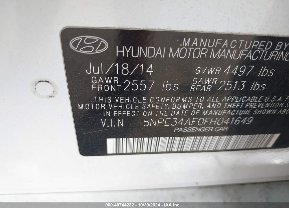 2015 HYUNDAI SONATA SPORT VIN: 5NPE34AF0FH041649