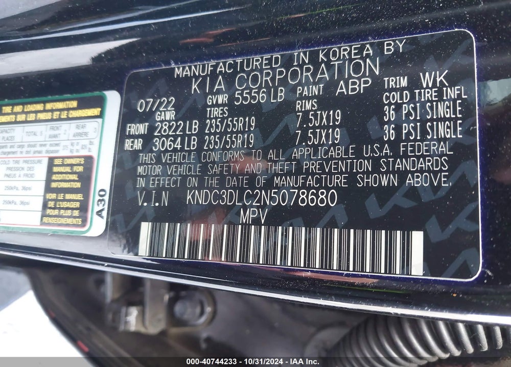 2022 KIA EV6 WIND VIN: KNDC3DLC2N5078680