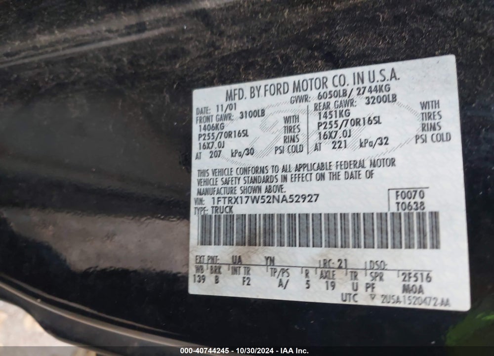 2002 FORD F-150 LARIAT/XL/XLT VIN: 1FTRX17W52NA52927