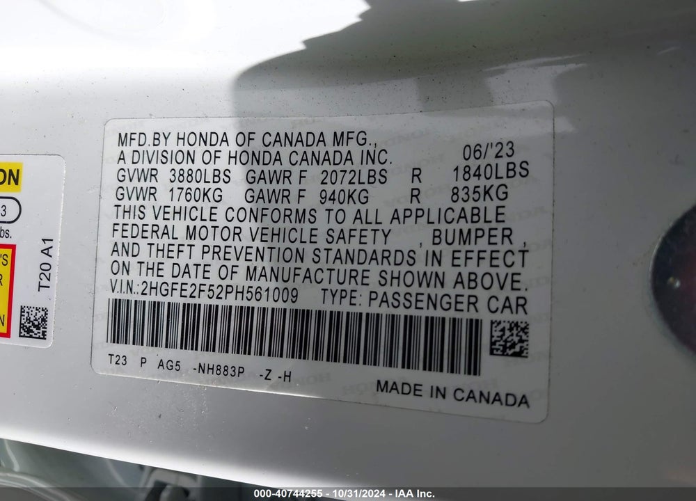 2023 HONDA CIVIC SPORT VIN: 2HGFE2F52PH561009