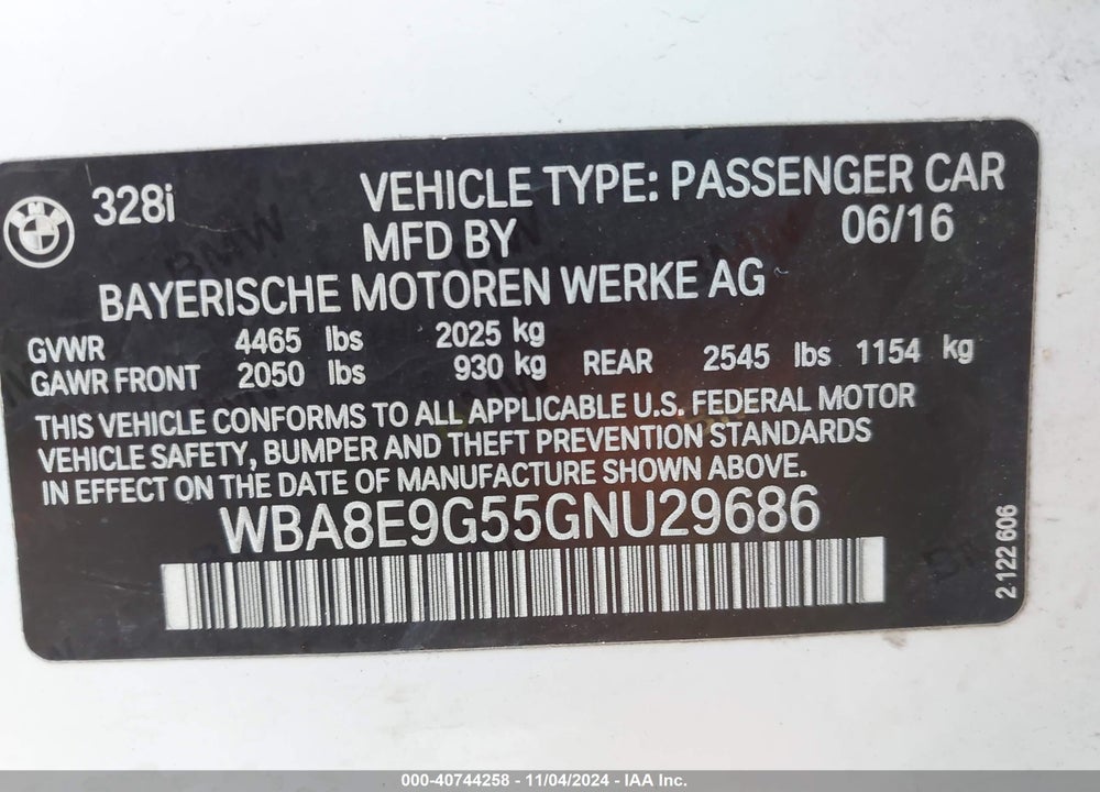 2016 BMW 328I VIN: WBA8E9G55GNU29686