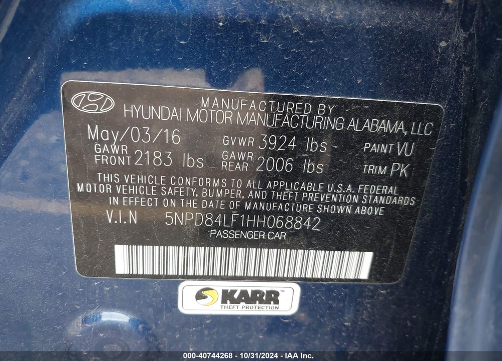 2017 HYUNDAI ELANTRA SE/VALUE/LIMITED VIN: 5NPD84LF1HH068842