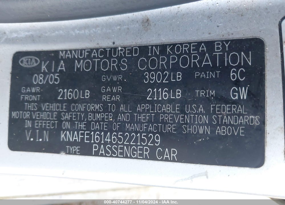 2006 KIA SPECTRA5 VIN: KNAFE161465221529