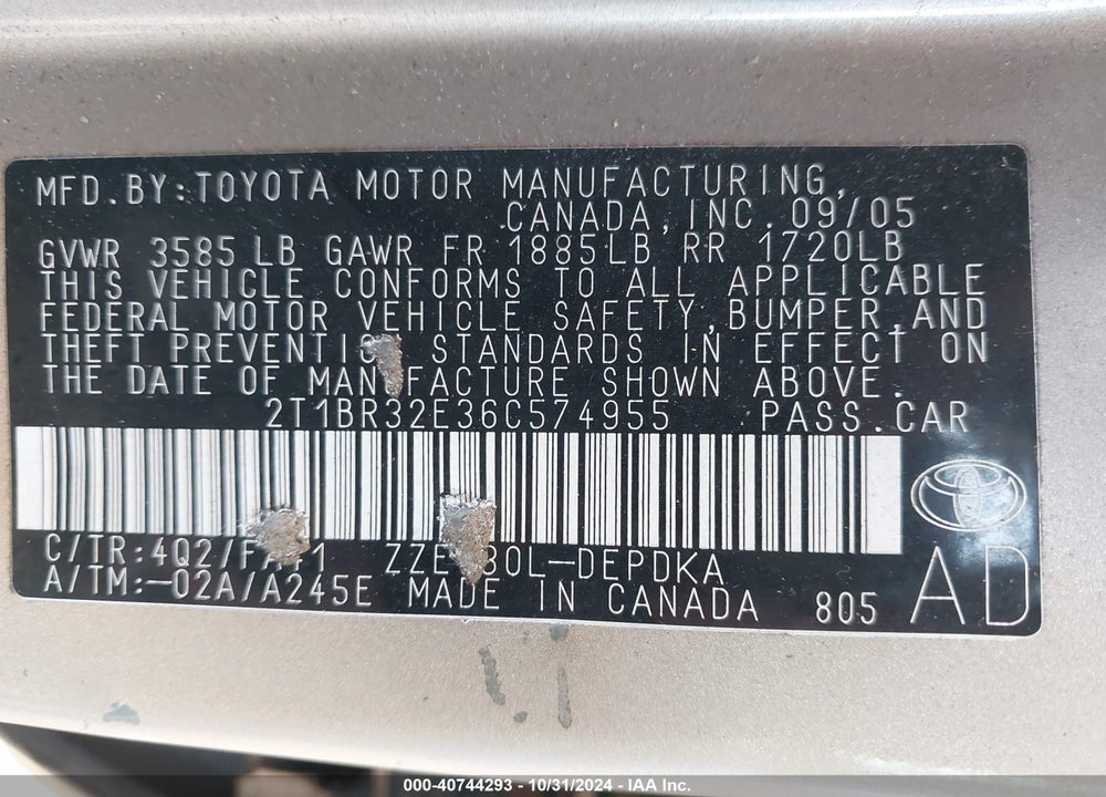 2006 TOYOTA COROLLA CE VIN: 2T1BR32E36C574955