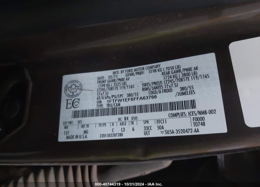 2015 FORD F-150 XLT VIN: 1FTFW1EF6FFA63766