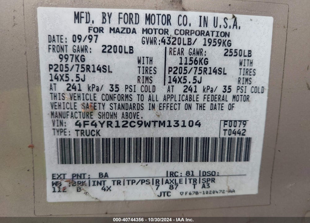 1998 MAZDA B2500 VIN: 4F4YR12C9WTM13104
