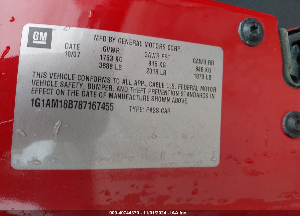 2008 CHEVROLET COBALT SPORT VIN: 1G1AM18B787167455