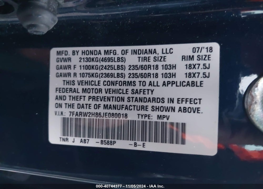 2018 HONDA CR-V VIN: 7FARW2H86JE080018