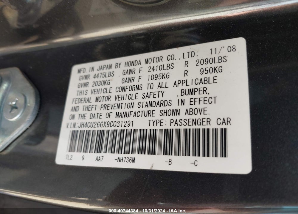 2009 ACURA TSX VIN: JH4CU266X9C031291