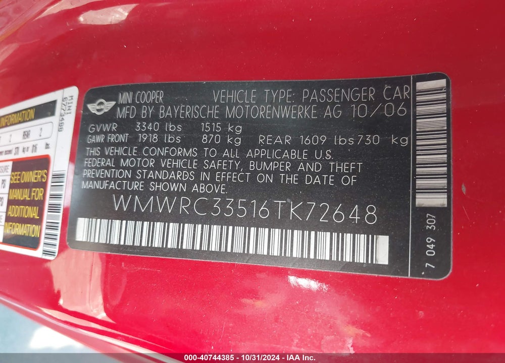 2006 MINI COOPER VIN: WMWRC33516TK72648