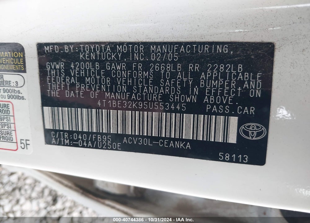 2005 TOYOTA CAMRY LE VIN: 4T1BE32K95U553445