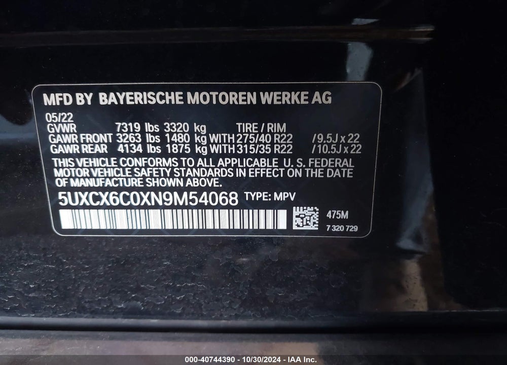 2022 BMW X7 M50I VIN: 5UXCX6C0XN9M54068