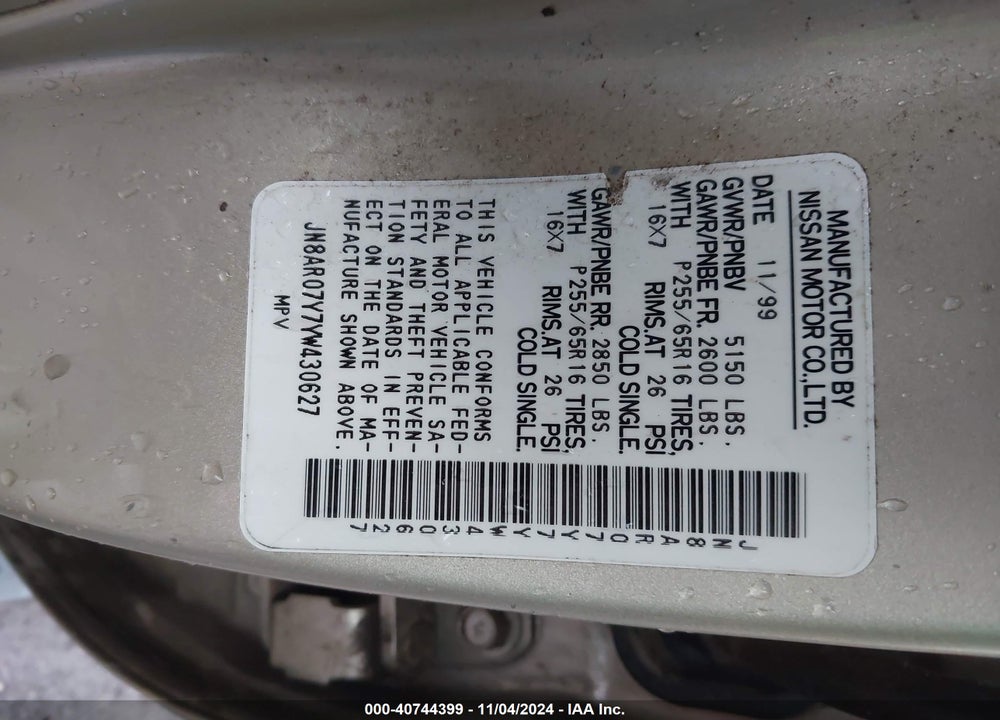 2000 NISSAN PATHFINDER LE/SE/XE VIN: JN8AR07Y7YW430627