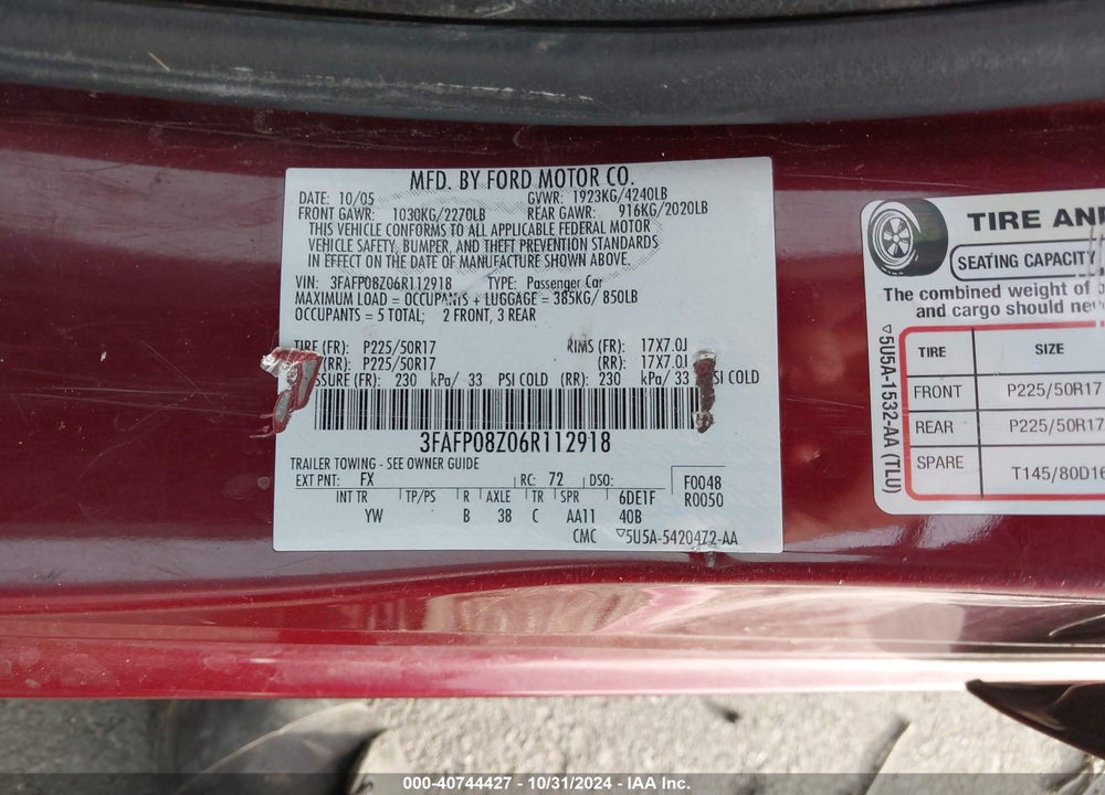 2006 FORD FUSION SEL VIN: 3FAFP08Z06R112918