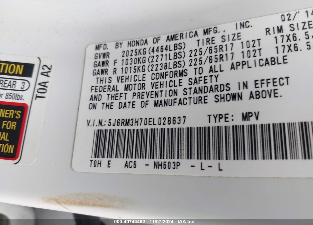 2014 HONDA CR-V EX-L VIN: 5J6RM3H70EL028637