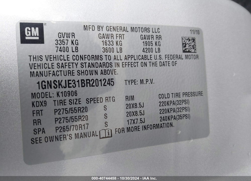 2011 CHEVROLET SUBURBAN 1500 LT1 VIN: 1GNSKJE31BR201245