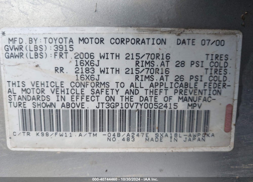 2000 TOYOTA RAV4 VIN: JT3GP10V7Y0052415