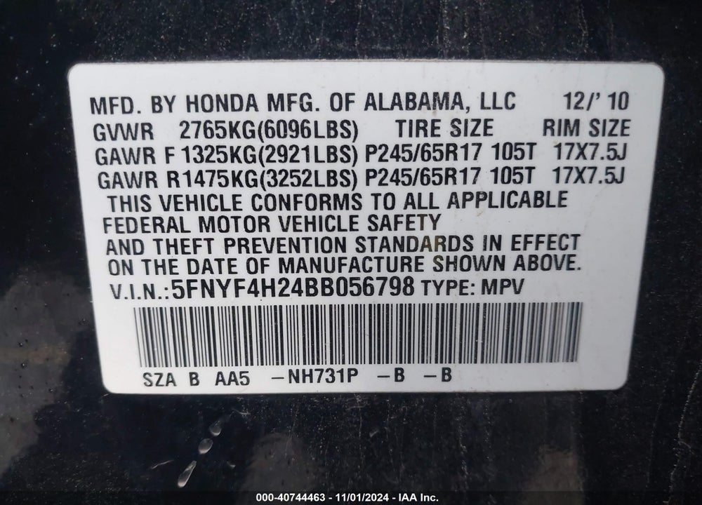 2011 HONDA PILOT LX VIN: 5FNYF4H24BB056798