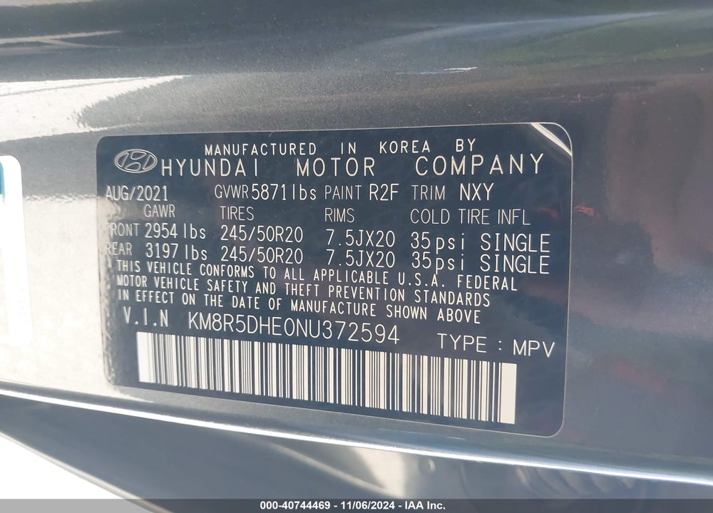 2022 HYUNDAI PALISADE LIMITED VIN: KM8R5DHE0NU372594