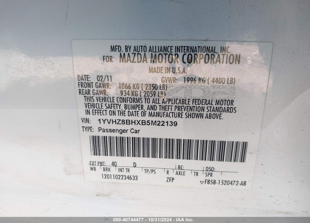 2011 MAZDA 6 I SPORT VIN: 1YVHZ8BHXB5M22139