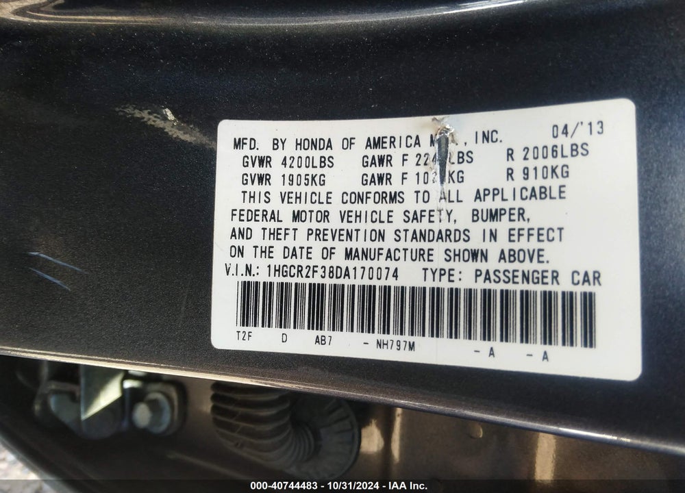 2013 HONDA ACCORD LX VIN: 1HGCR2F38DA170074