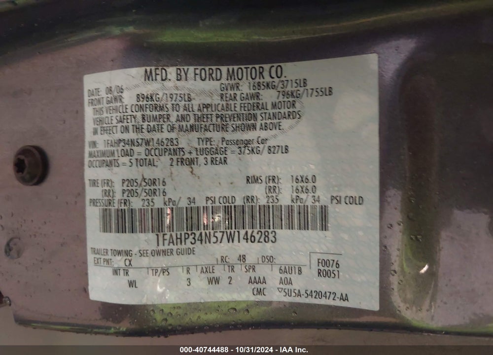 2007 FORD FOCUS S/SE/SES VIN: 1FAHP34N57W146283