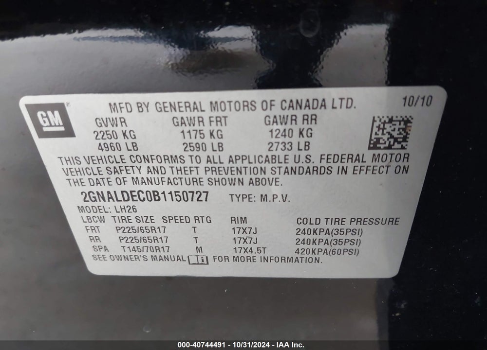 2011 CHEVROLET EQUINOX 1LT VIN: 2GNALDEC0B1150727
