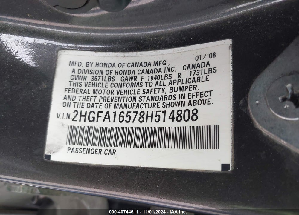 2008 HONDA CIVIC LX VIN: 2HGFA16578H514808