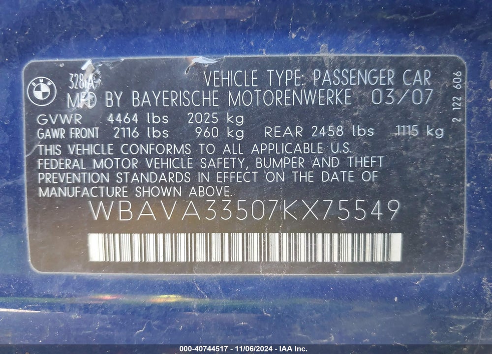 2007 BMW 328I VIN: WBAVA33507KX75549