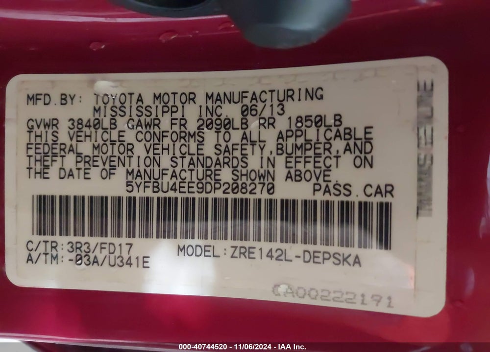 2013 TOYOTA COROLLA VIN: 5YFBU4EE9DP208270