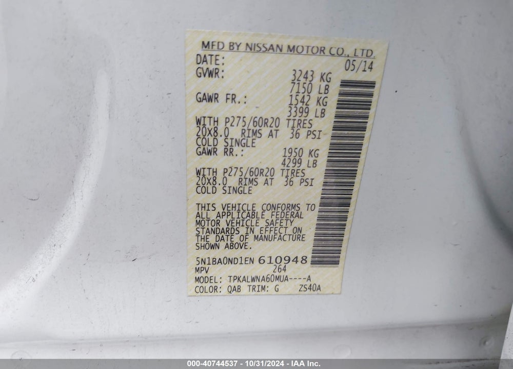 2014 NISSAN ARMADA PLATINUM VIN: 5N1BA0ND1EN610948