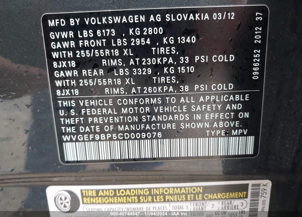 2012 VOLKSWAGEN TOUAREG VR6 EXECUTIVE/VR6 LUX/VR6 SPORT VIN: WVGEF9BP5CD009076