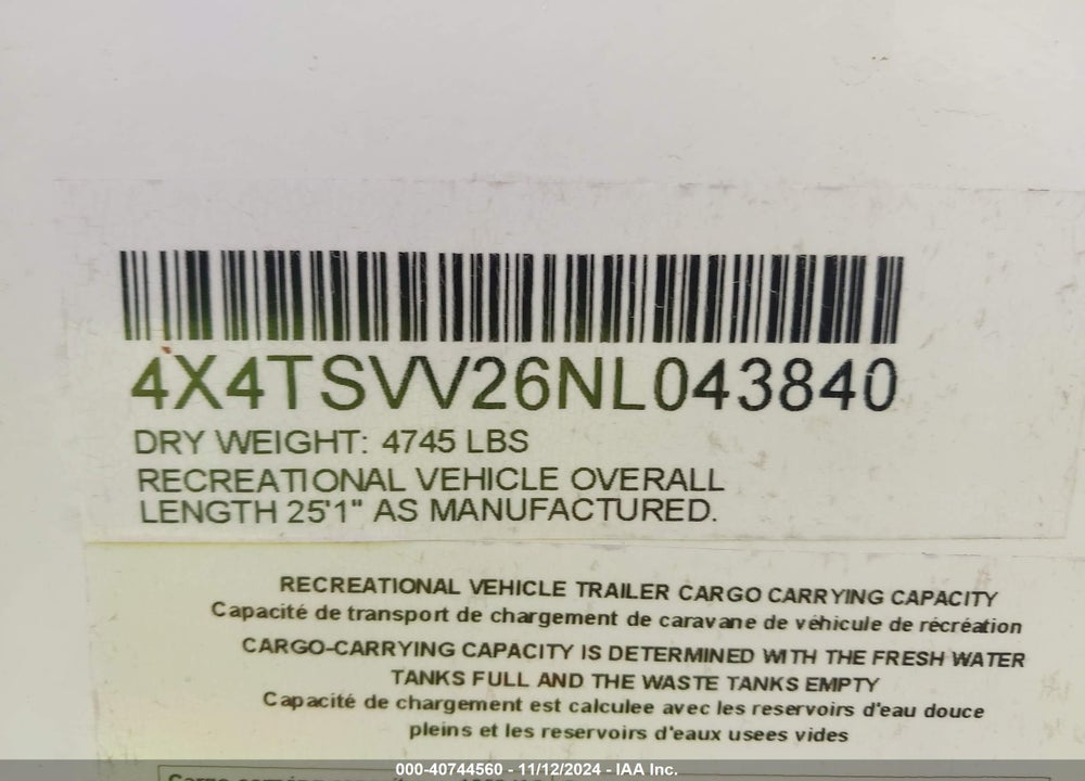 2022 SURVEYOR TRAVEL TRAILER VIN: 4X4TSVV26NL043840